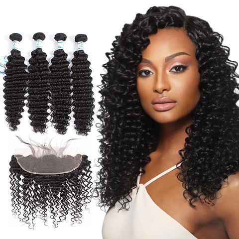 Lakihair Unprocessed Virgin Human Hair 4 Bundles With Lace Frontal Closure Malaysian Deep Wave Hair Bundles