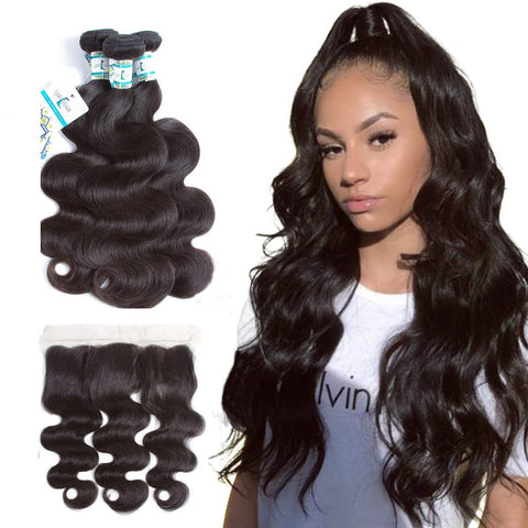 Lakihair 10A Brazilian Body Wave Virgin Hair 3 Pieces With Lace Frontal Closure Pre Plucked 13x4