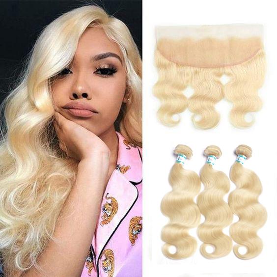 Lakihair 8A 613 Blonde Brazilian Hair Body Wave 3 Bundles With 13x4 Ear To Ear Lace Frontal Closure