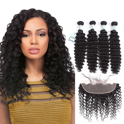 Lakihair 8A Peruvian Virgin Human Deep Wave Hair 4 Bundles With 13x4 Frontal Closure