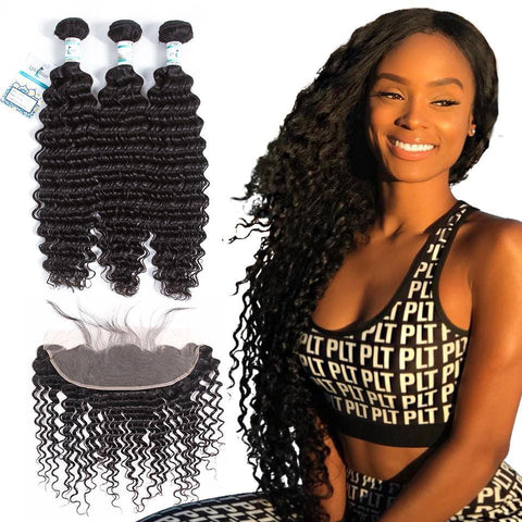 Lakihair Deep Wave Hair Bundles Peruvian Hair 3 Bundles With Frontal Closure