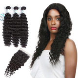 Lakihair 8A Malaysian Human Hair Deep Wave 3 Bundles With 4x4 Lace Closure