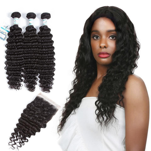 Lakihair 8A Malaysian Human Hair Deep Wave 3 Bundles With 4x4 Lace Closure