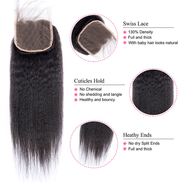 Lakihair 10A Brazilian Kinky Straight Hair Weaving 3 Bundles With Lace Closure 4x4