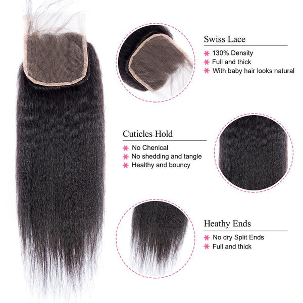 Lakihair 8A Brazilian Hair Kinky Straight 3 Bundles With Lace Closure
