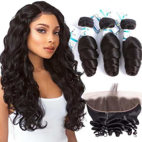 Lakihair Real Indian Human Hair Loose Wave 3 Bundles With Lace Frontal Closure