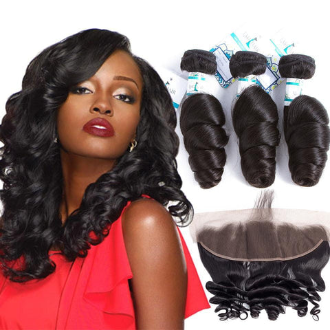 Lakihair Real Malaysian Human Hair Extensions Loose Wave With Lace Frontal Closure